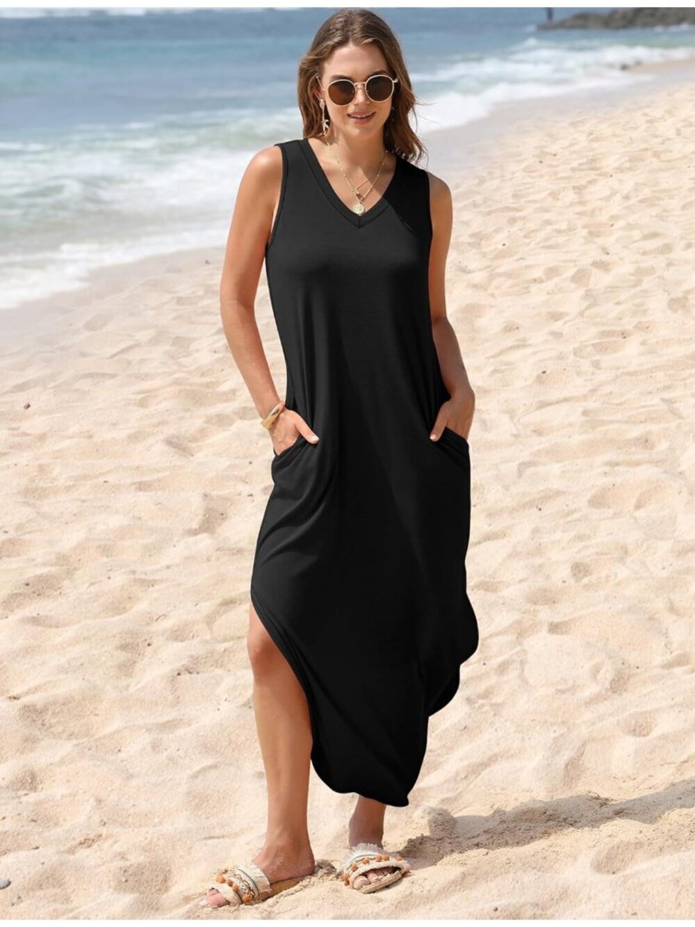 〽️Women's Black Sleeveless Ankle Length Imported Pull On Maxi Dresses